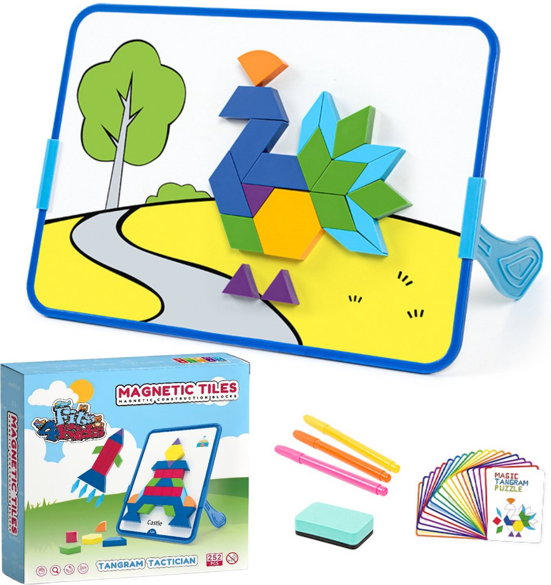 Fits4Kids Magnetische Tangram Puzzel – 252 Stuks – Montessori Educatief Speelgoed – Inclusief 70 Voorbeelden, 3 Stiften + Borsteltje – Ruimtelijk Inzicht en Creativiteit - Tangram Tactician
