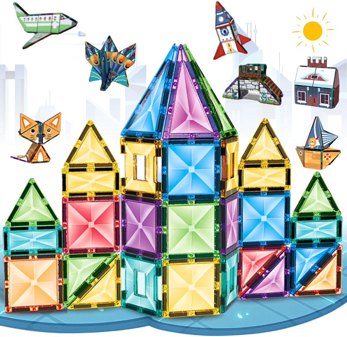 Fits4Kids® Magnetic Tiles - 100 Stuks (+99 Stickers) Magnetische Bouwtegels - STEM Speelgoed voor Creatief Bouwen - Magnetisch Speelgoed - Magna Bouwstenen - Kaleidoscopic Creations - 3 4 5 6 7 8 9 Jaar
