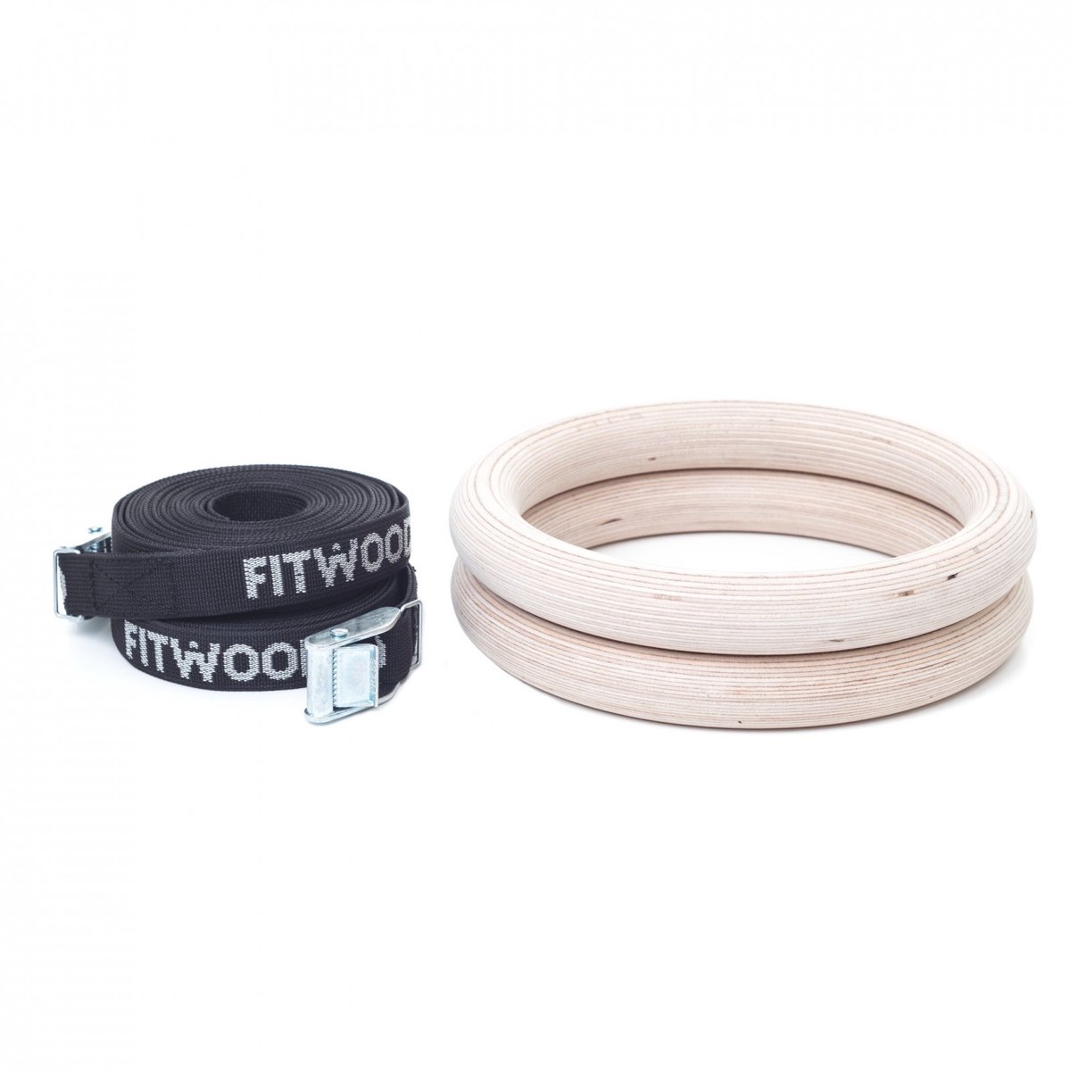 FitWood Gymnastiek Ringen Zwarte banden Weiße Seile – Houten Turnringen met Verstelbare Banden (5m) – Voor Optrekken, Dips & Calisthenics – Belastbaar tot 150 kg – Wit of Onbehandeld Hout