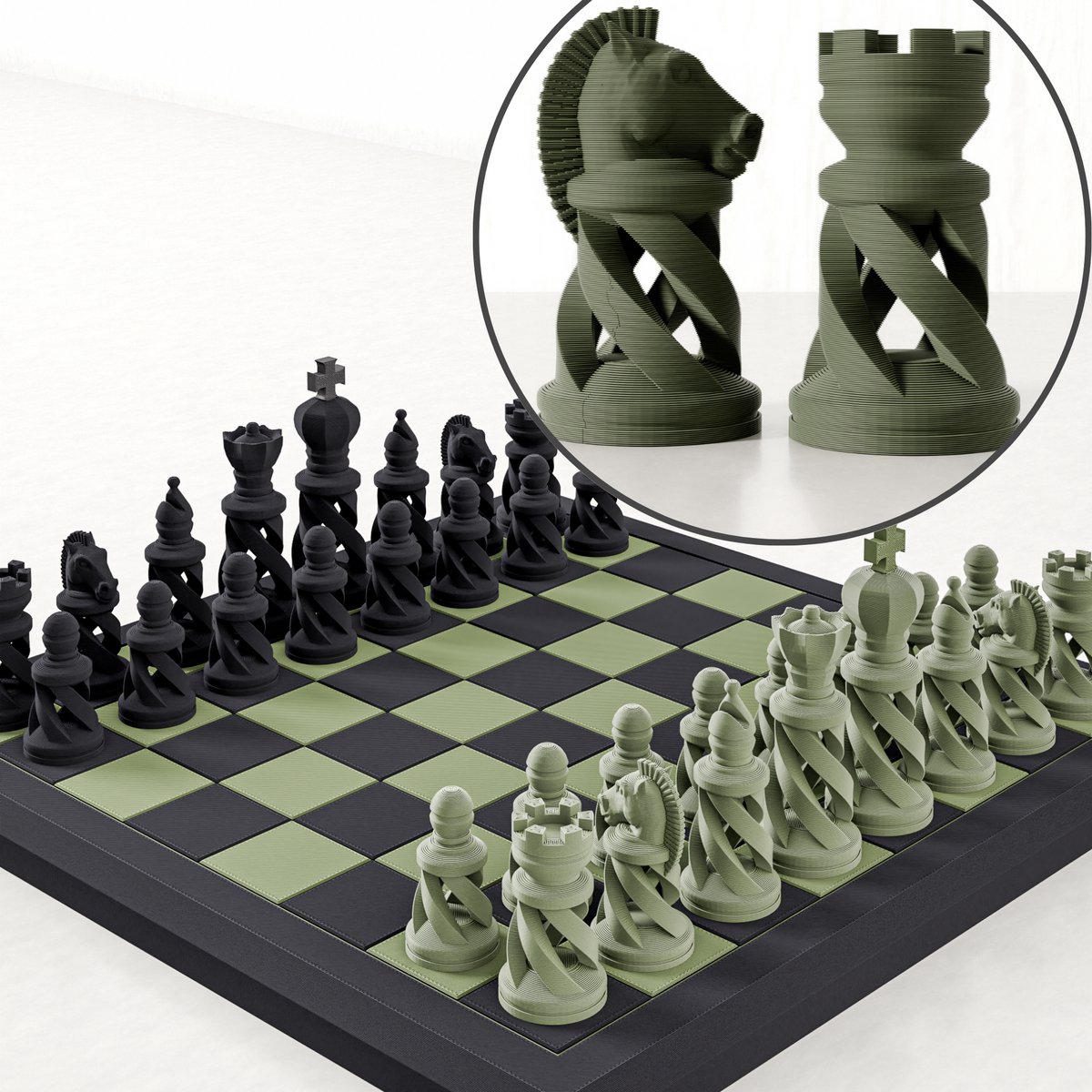   - Decoratieve schaakset - Schaakspel in Zwart & Groen - Schaakbord met moderne schaakstukken - Schaakspel 40x40 cm