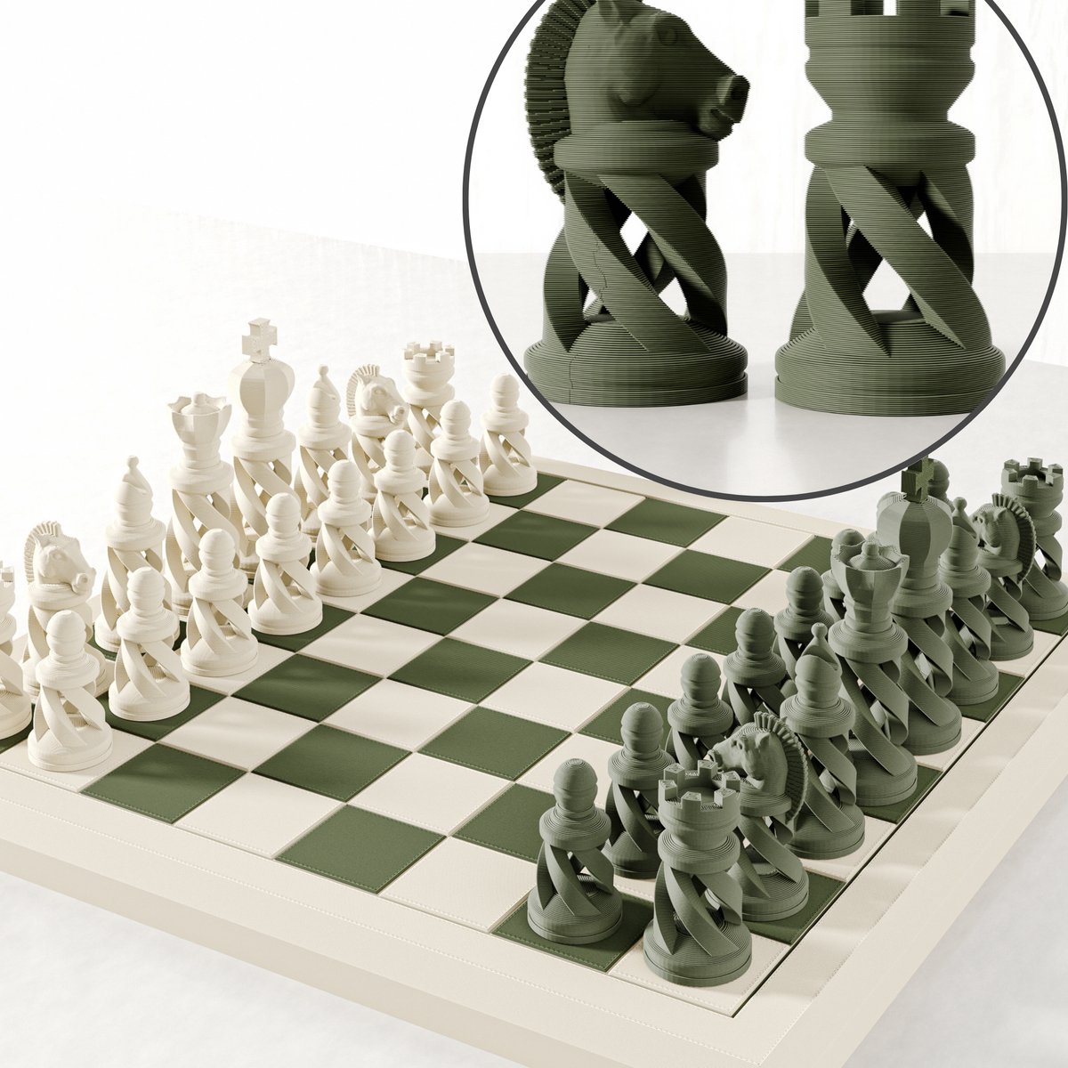   – Design schaakspel in Groen & Beige – Luxe schaakbord met spiraalvormige schaakstukken – Compact formaat 23x23 cm