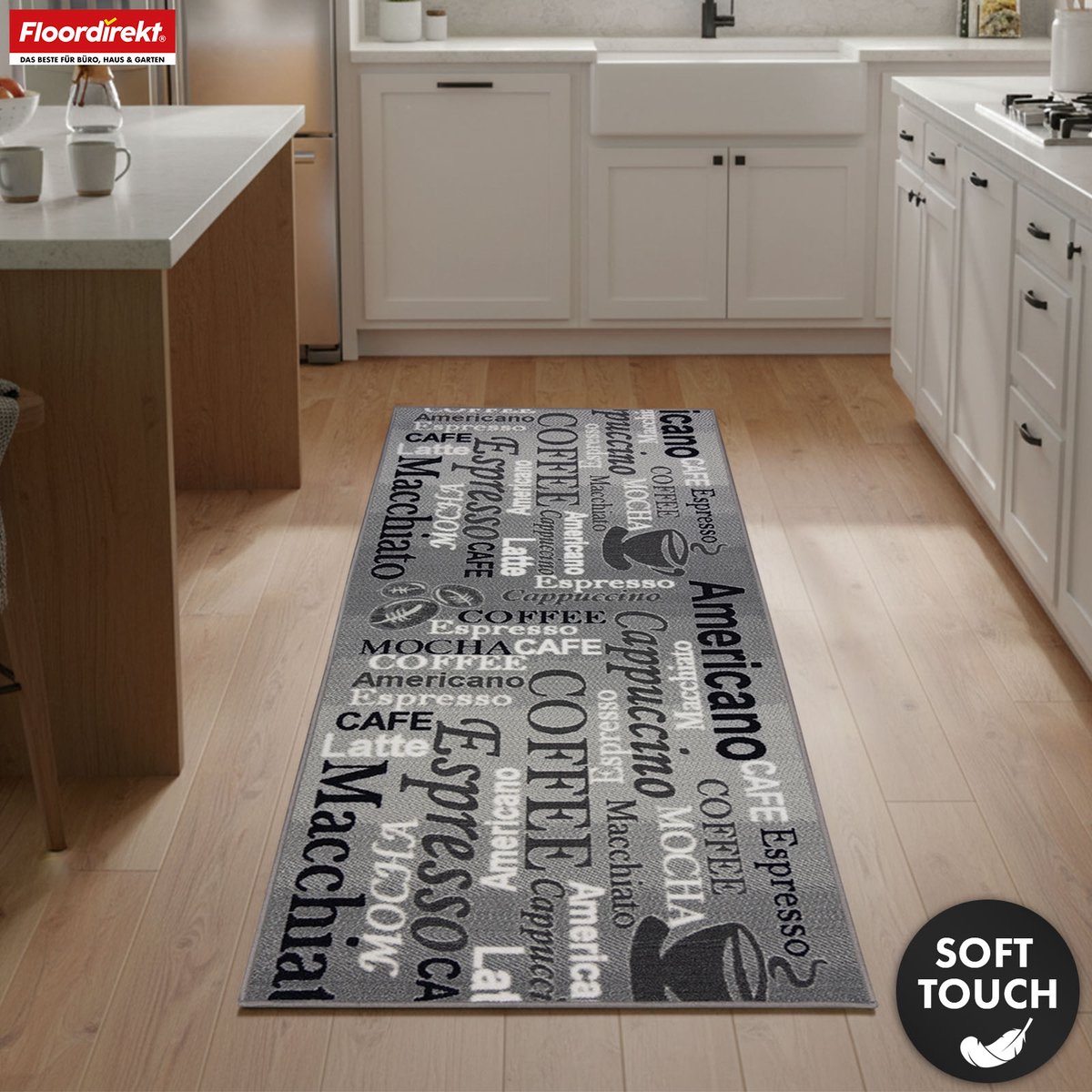 FLOORDIREKT Tapijt Coffee 2 - Tapijtloper op Maat Gemaakt Grijs - 80 x 450 cm - Modern Keukentapijt met Koffiemotieven - Antislip, Slijtvast & Onderhoudsvriendelijk - Veel Maten Beschikbaar