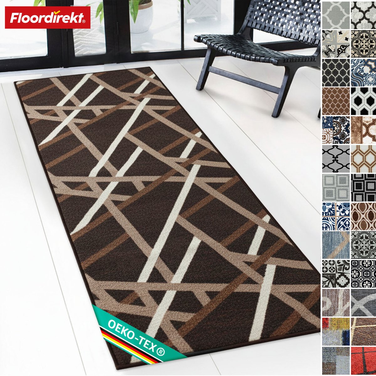 FLOORDIREKT Tapijt Printed - In 2 Kleuren - Tapijtloper op Maat Gemaakt - 67 x 350 cm Bruin - Modern Tapijt Met Streepjesmotief & Antislip Gelrug - Slijtvast & Onderhoudsvriendelijk - Veel Maten Beschikbaar