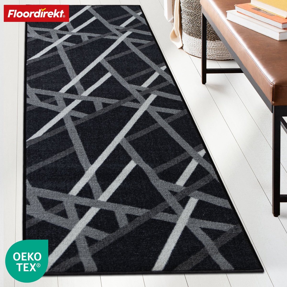 FLOORDIREKT Tapijt Printed - In 2 Kleuren - Tapijtloper op Maat Gemaakt - 67 x 450 cm Antraciet - Modern Tapijt Met Streepjesmotief & Antislip Gelrug - Slijtvast & Onderhoudsvriendelijk - Veel Maten Beschikbaar