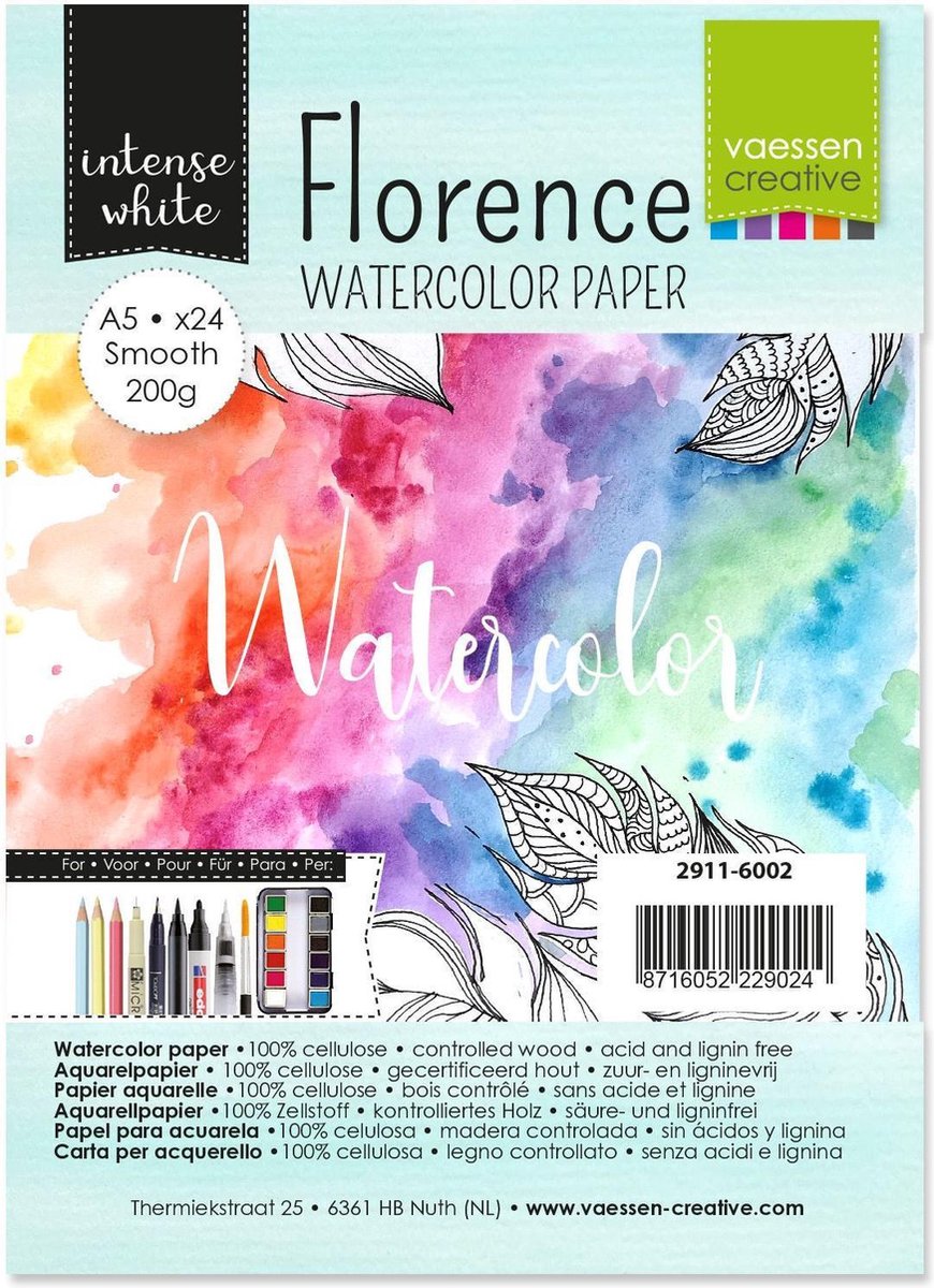 Aquarelpapier - Intense White - A5 - 200 grams - Gladde Structuur - Smooth - Florence - 24 vellen