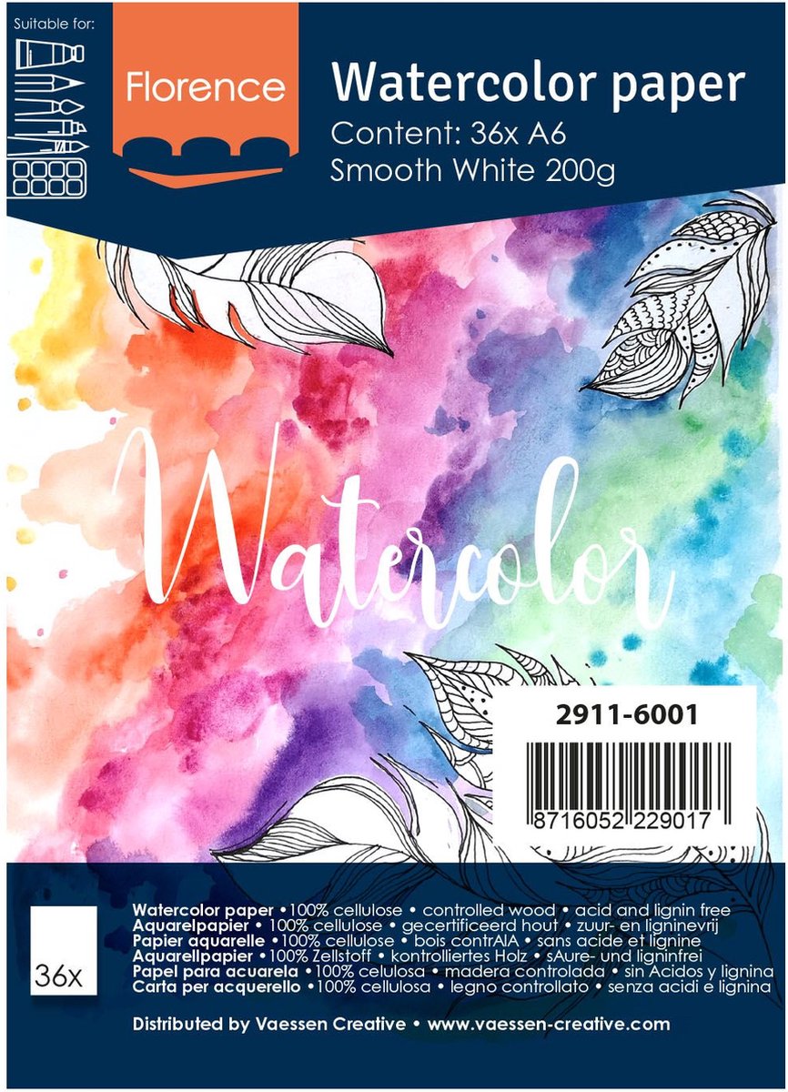 Aquarelpapier - Intense White - A6 - 200 grams - Gladde Structuur - Smooth - Florence - 36 vellen