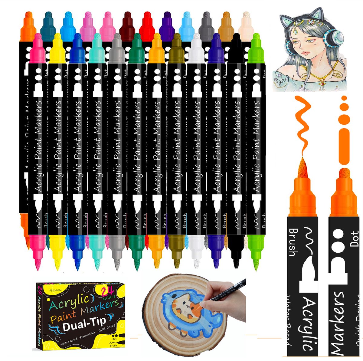 Acryl Marker Verfstiften (24 Kleuren ) - Acrylstiften Dual tip - Acrylverf met dubbele penpunt- Acrylverf Tekenset- Acrylstiften- Acrylic Verf Markers Met Fijne Tip Ronde Tip -Voor Rock Schilderen Canvas Glas Keramiek Hout