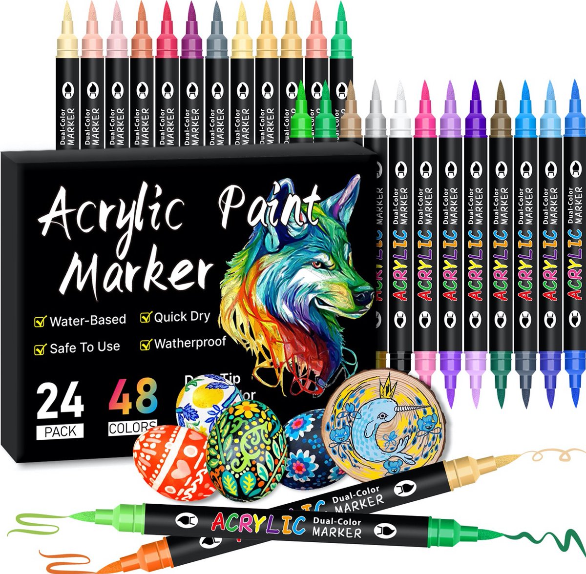 Acrylstiften (24 stuks & 48 Kleuren）- Acryl Marker Verfstiften - Acrylverf-Dual tip-met dubbele penpunt- Acrylverf Tekenset- Acrylstiften- acrylstiften voor het beschilderen van stenen, rotsen, hout, stof, glas