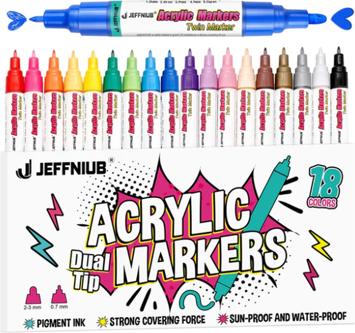 Flysea acrylverfpen, pen voor kiezelstenen, hout, stof, glas, 18 acrylstiften Dual Tip Pen acrylverf