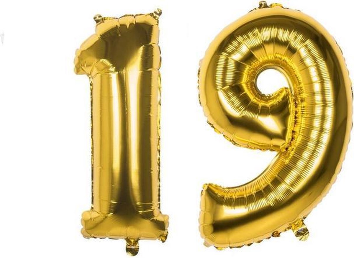 19 Jaar Folie Ballonnen Goud - Happy Birthday - Foil Balloon - Versiering - Verjaardag - Man / Vrouw - Feest - Inclusief Opblaas Stokje & Clip - XXL - 115 cm