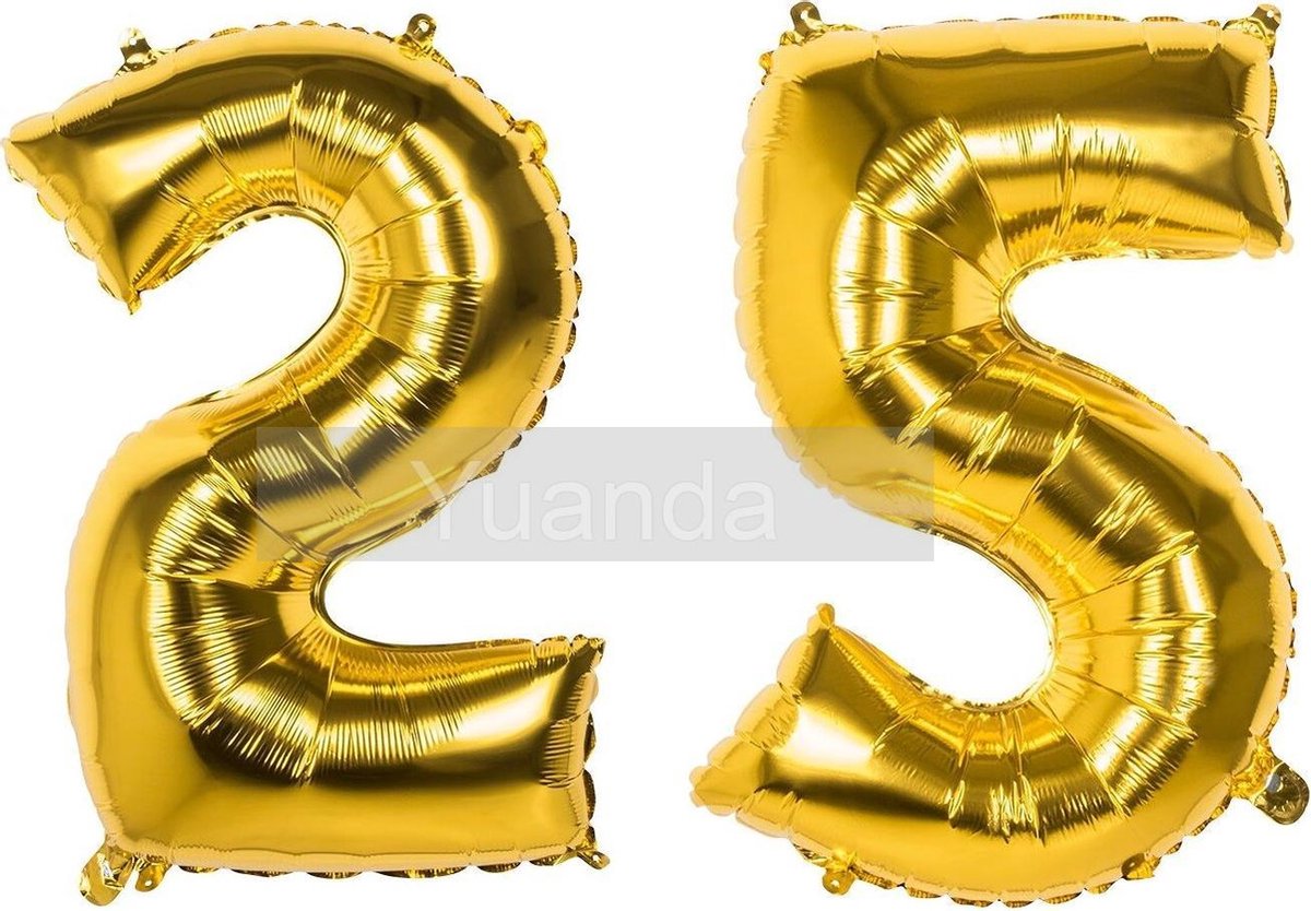 25 Jaar Folie Ballonnen Goud - Happy Birthday - Foil Balloon - Versiering - Verjaardag - Man / Vrouw - Feest - Inclusief Opblaas Stokje & Clip - XXL - 115 cm