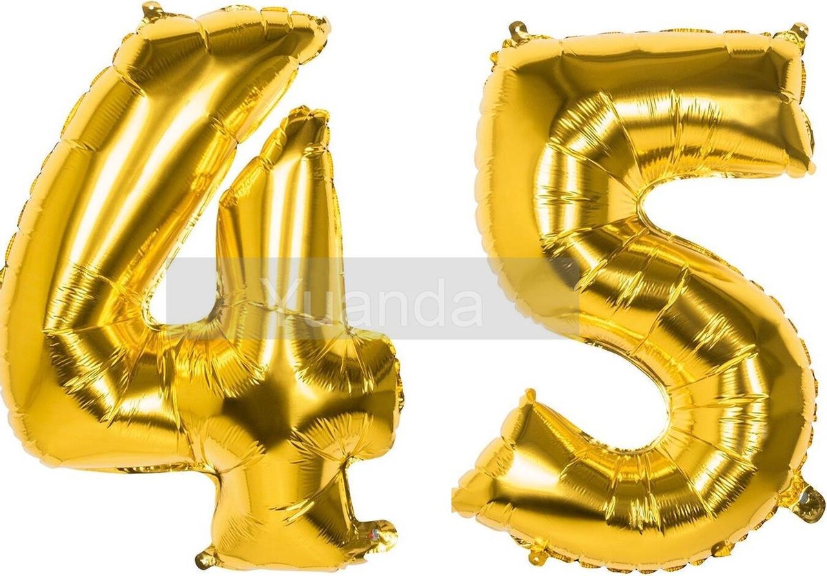 45 Jaar Folie Ballonnen Goud - Happy Birthday - Foil Balloon - Versiering - Verjaardag - Man / Vrouw - Feest - Inclusief Opblaas Stokje & Clip - XXL - 115 cm