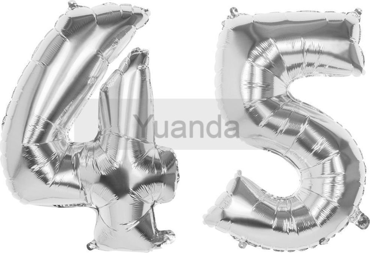 45 Jaar Folie Ballonnen Zilver- Happy Birthday - Foil Balloon - Versiering - Verjaardag - Man / Vrouw - Feest - Inclusief Opblaas Stokje & Clip - XXL - 115 cm