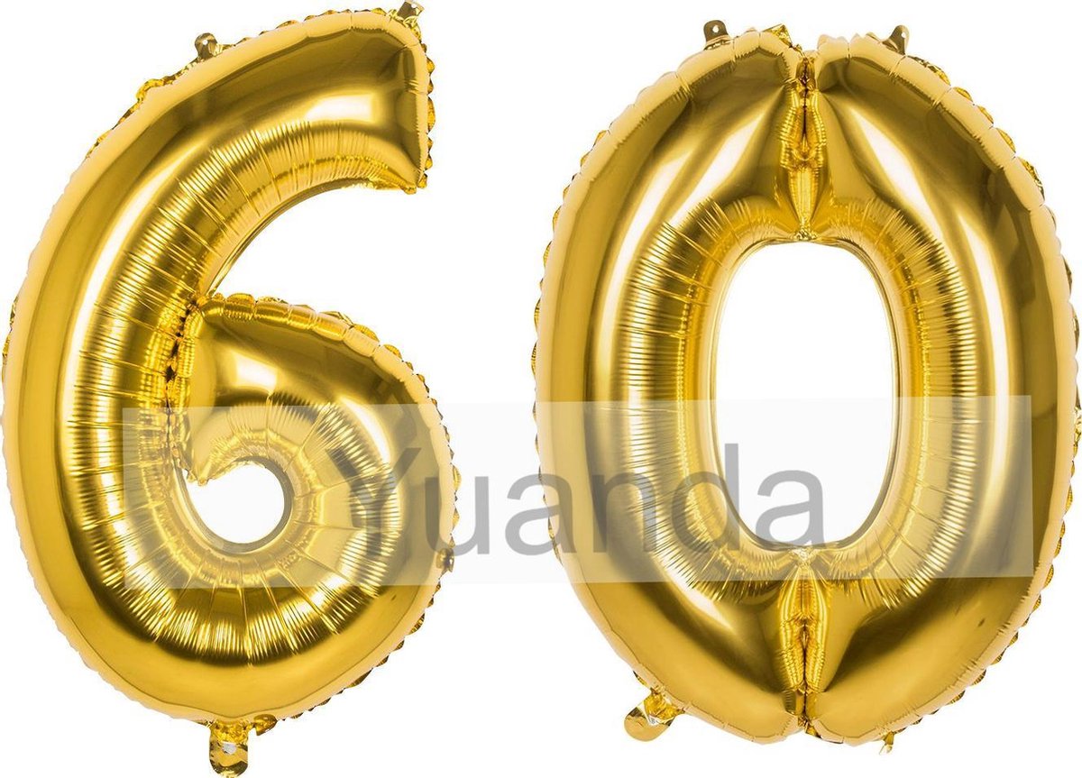 60 Jaar Folie Ballonnen Goud - Happy Birthday - Foil Balloon - Versiering - Verjaardag - Man / Vrouw - Feest - Inclusief Opblaas Stokje & Clip - XL - 115 cm