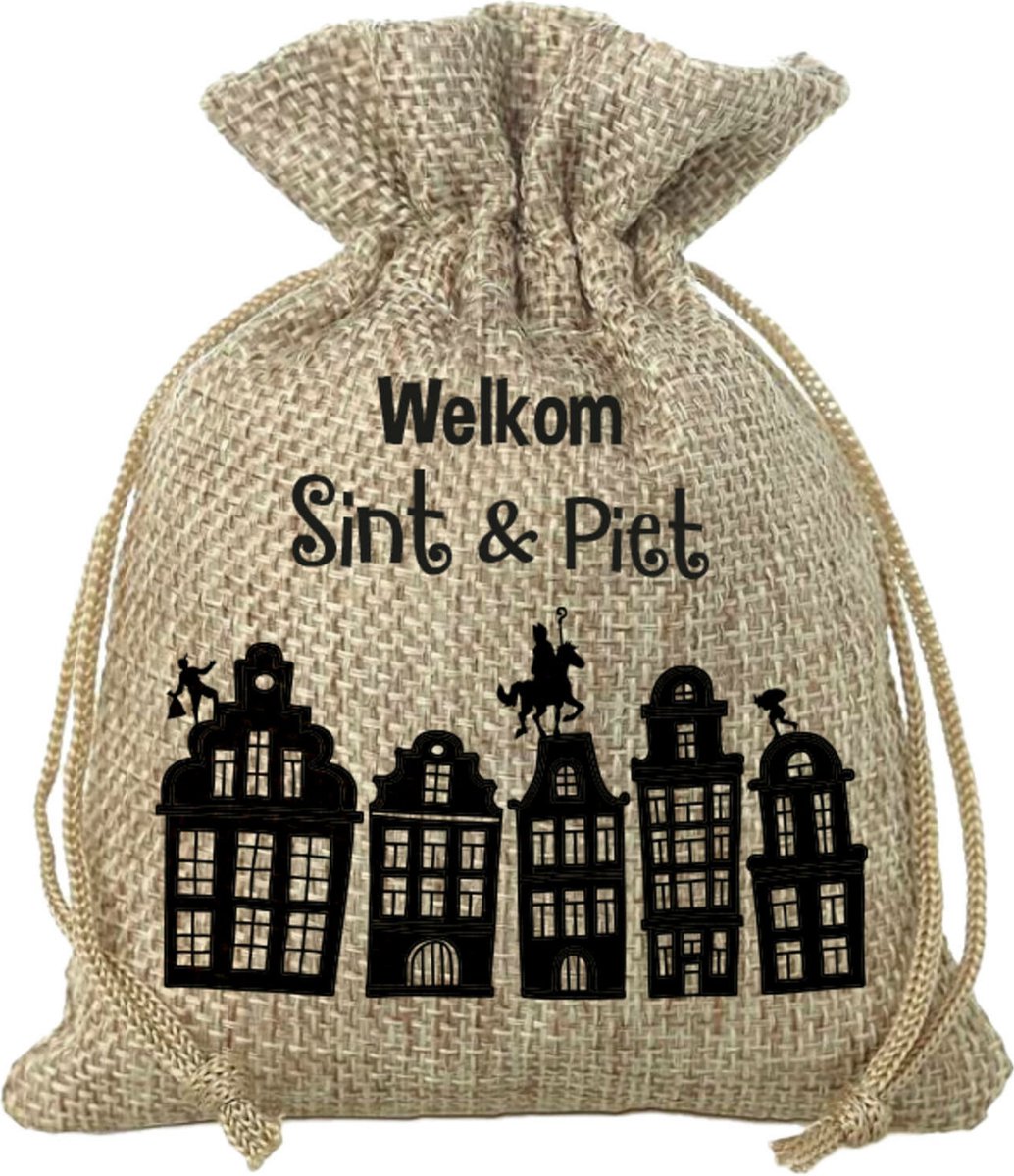 Mini Sinterklaas jute cadeau zak Welkom Sint en Piet print - Strooizak met koord - 18 x 25 cm