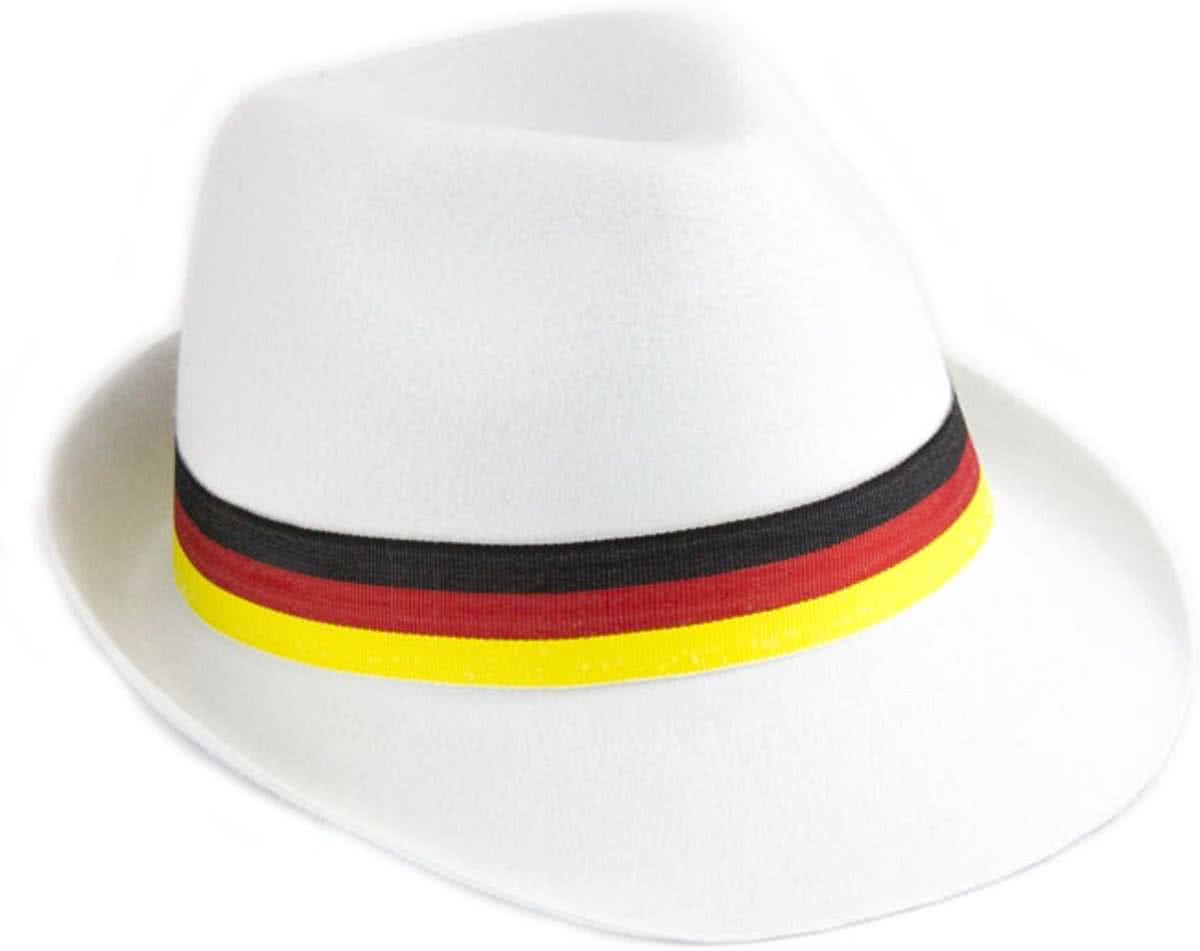 Trilby hoed wit met Zwart-Rood-Geel lint