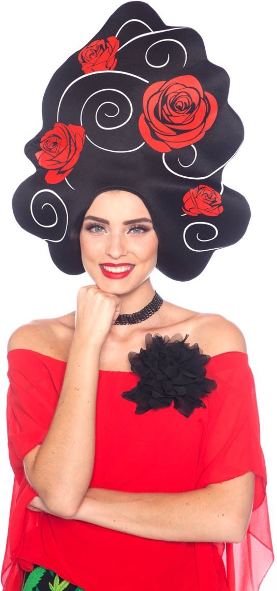 Zwart Haar met Rozen Schuim Pruik