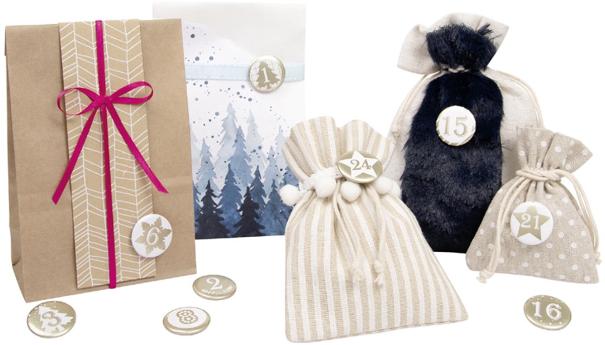 Parelmoeren spelden adventkalender met metalen cijfers 1 tot 24