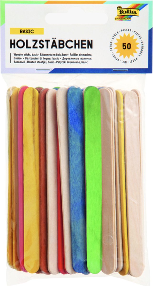Stokje Folia hout assorti kleuren - pak 50 stuks