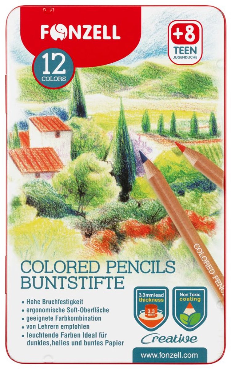 Fonzell Kleurpotloden Set – Premium Quality – 12 Kleuren in Luxe Blikverpakking