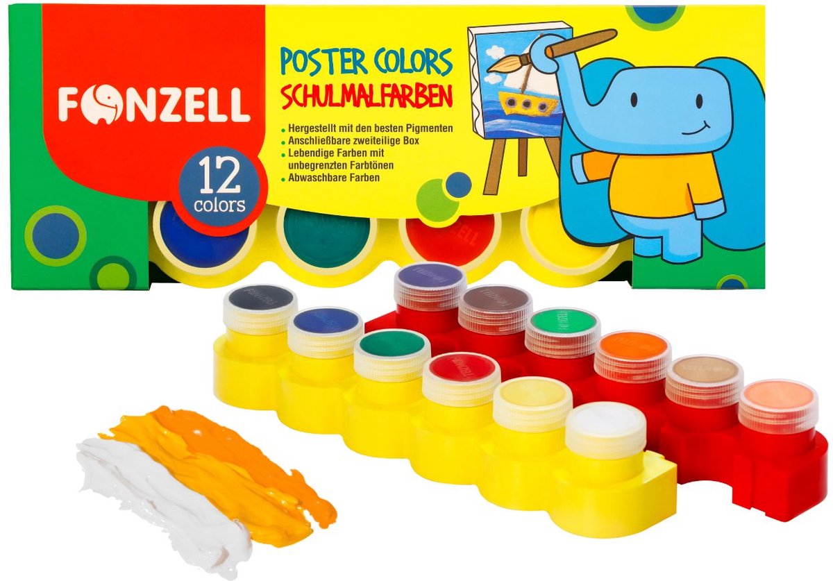 Fonzell Poster Kinderverf – Plakkaatverf - 12 kleuren verf – Uitwasbaar