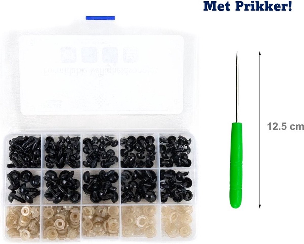  jes - Deluxe met Prikker - 142 stuks - beer oogjes - 6-12MM - knuffel oogjes - inclusief sluitringen - Bruine sluitringen - Met Opbergdoosje -Zwart -