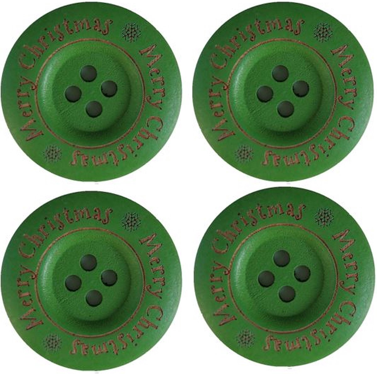 Houten   - Button - Wood - Merry Christmas - 35mm - Groen - 4 stuks