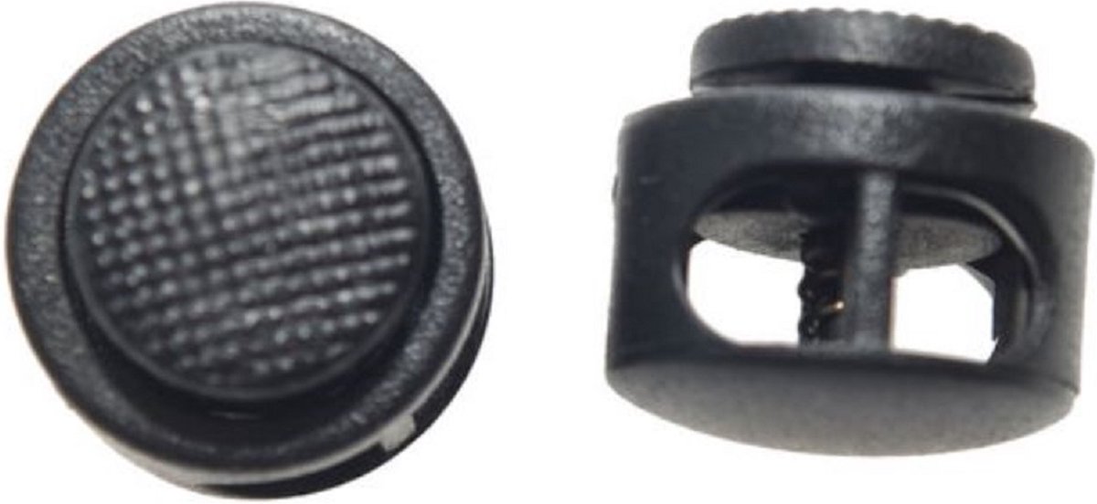 Koordstopper - zwart - rond met 2 gaten - voor koord 3mm - 19x17mm