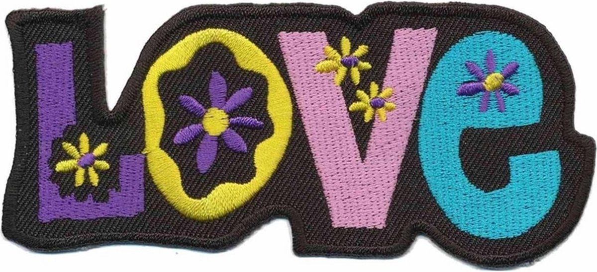 Patch - Strijkembleem - Love - Flower - Zwart - 11 x 5 cm