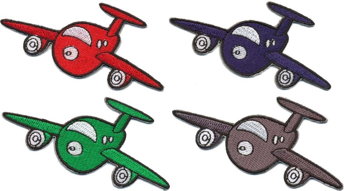 Patch - Strijkembleem - Vliegtuig - 4 stuks - rood - groen - grijs - blauw - 9 x 4 cm
