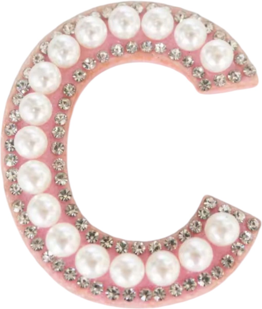 Strass Applicatie Alfabet Letter - 4,5 CM hoog - A t/m Z - Letter C - Roze met witte parels en stenen - Niet strijkbaar