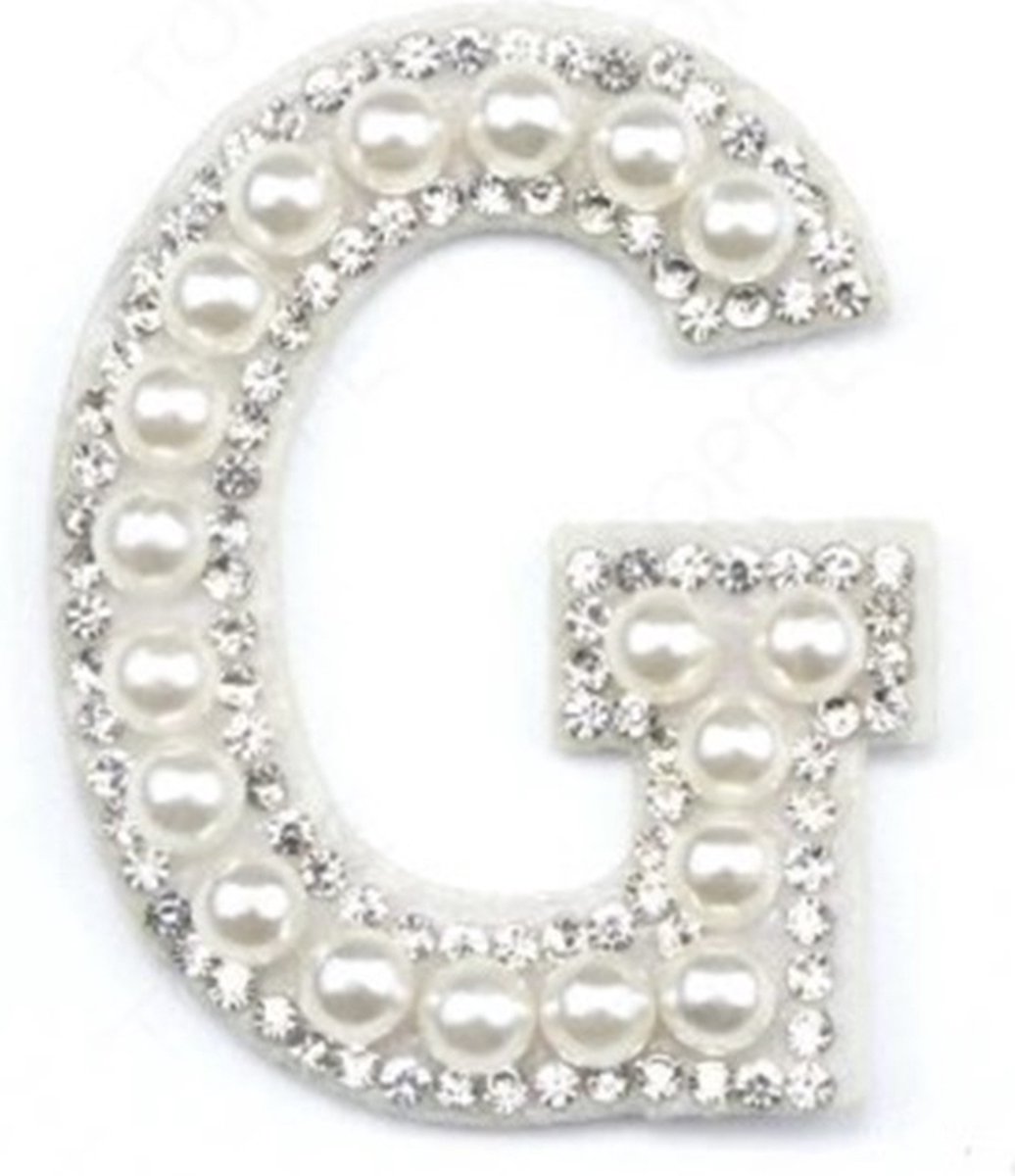 Strass Applicatie Alfabet Letter - 4,5 CM hoog - A t/m Z - Letter G - Wit met witte parels en stenen - Niet strijkbaar