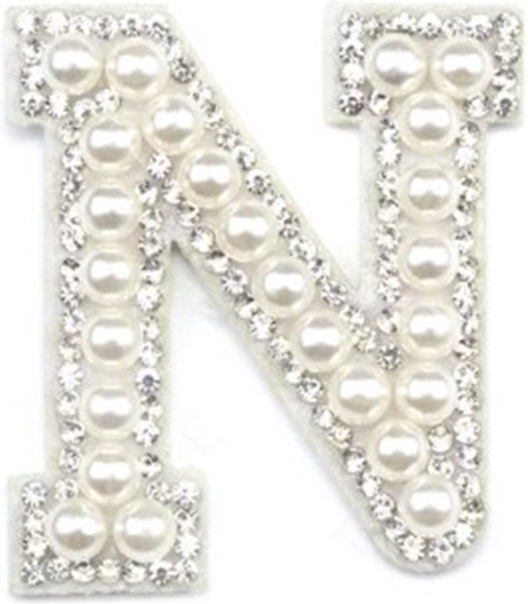 Strass Applicatie Alfabet Letter - 4,5 CM hoog - A t/m Z - Letter N - Wit met witte parels en stenen - Niet strijkbaar