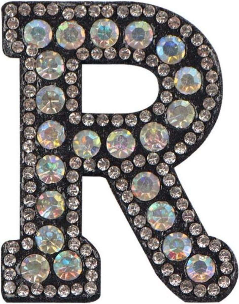 Strass Applicatie Alfabet Letter - 4,5 CM hoog - A t/m Z - Letter R - Zwart met witte stenen - Niet strijkbaar