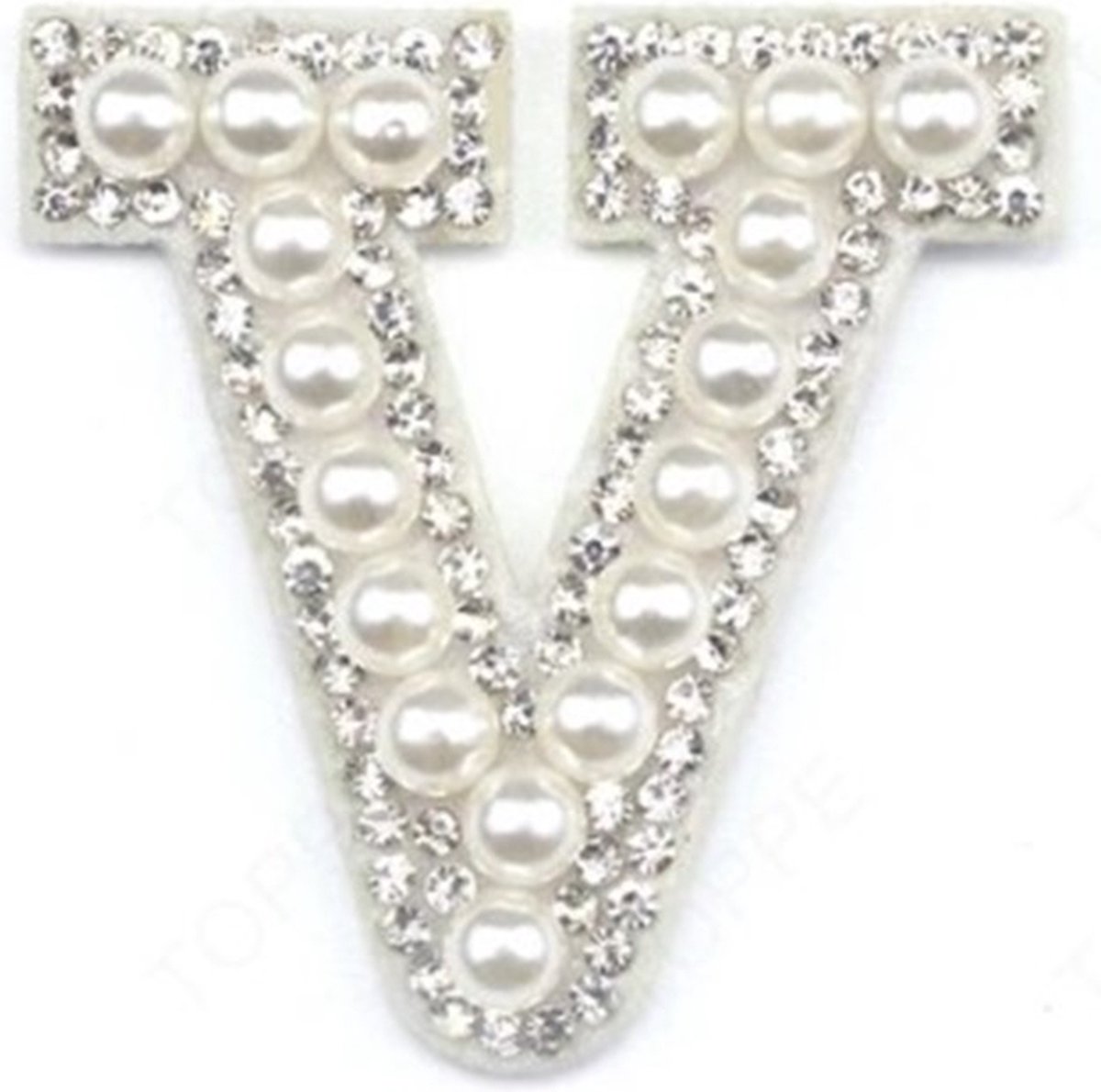 Strass Applicatie Alfabet Letter - 4,5 CM hoog - A t/m Z - Letter V - Wit met witte parels en stenen - Niet strijkbaar