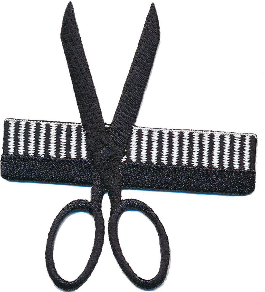 Strijkembleem - Patch - Kapper schaar en kam - 7 x 8 cm - zwart