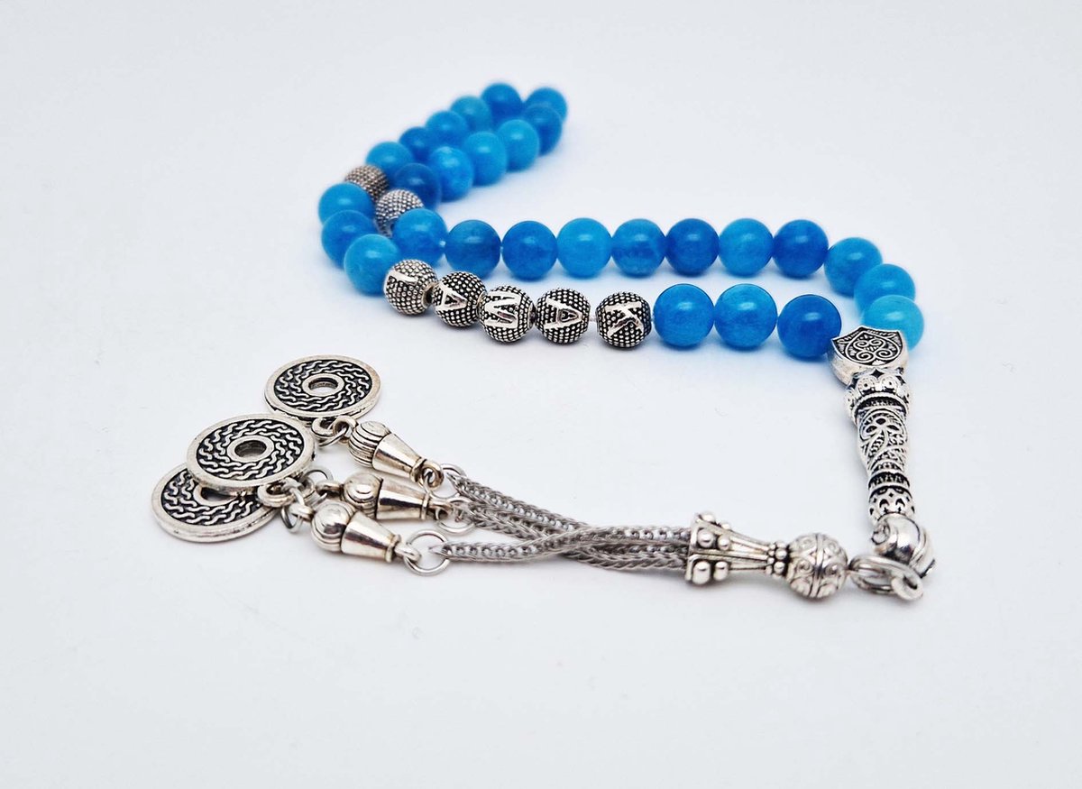 Handgemaakte naam tasbih 33 Kralen Natuursteen “ Blauwe Agaat ” - met metaal tassel “Omarmen