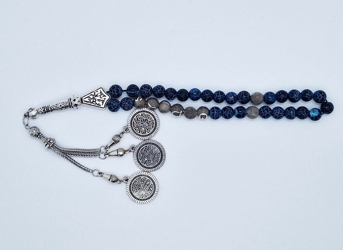 Handgemaakte naam tasbih 33 Kralen Natuursteen “ Blauwe harmonie” - met metaal tassel “Constantinopel