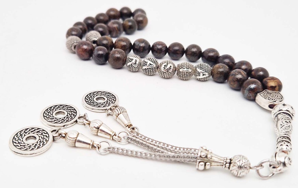 Handgemaakte naam tasbih 33 Kralen Natuursteen “ Bronzite” - met metaal tassel “Omarmen