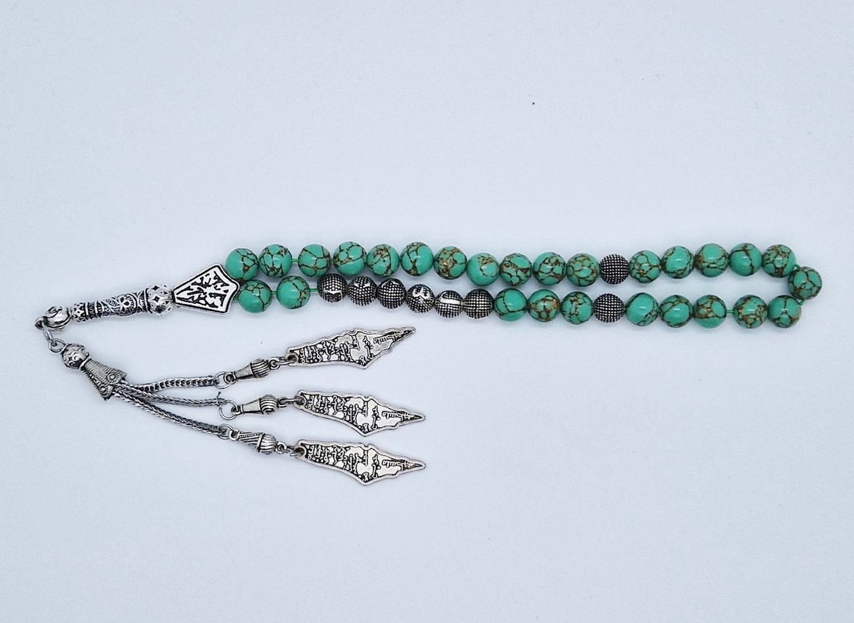 Handgemaakte naam tasbih 33 Kralen Natuursteen “ Groen howliet gesponnen goud” - met metaal tassel “Palestina