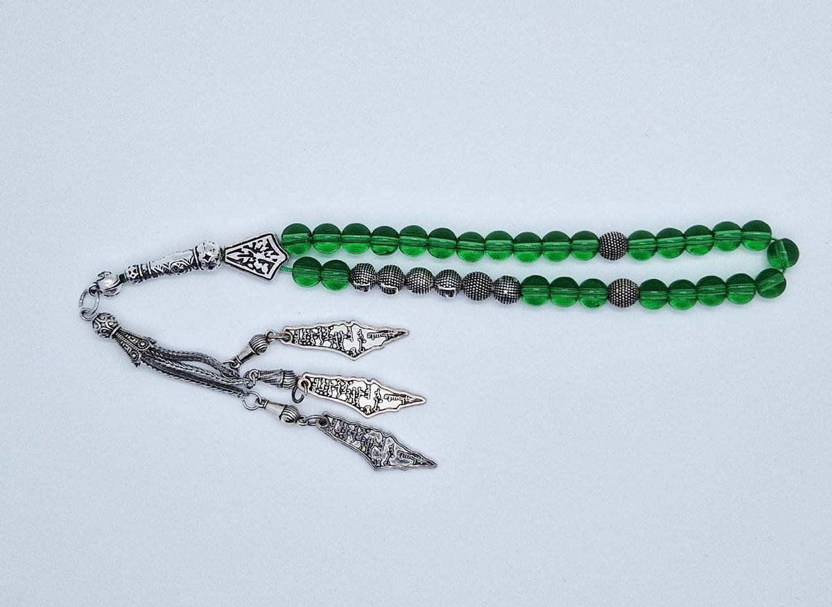 Handgemaakte naam tasbih 33 Kralen Natuursteen “ Groene kwartz” - met metaal tassel “Palestina