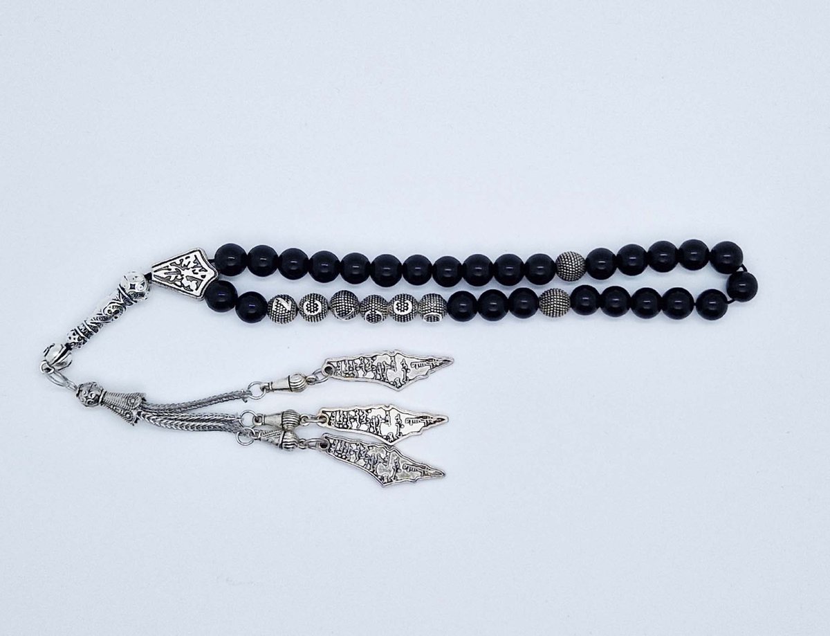 Handgemaakte naam tasbih 33 Kralen Natuursteen “ Obsidian” - met metaal tassel “Palestina