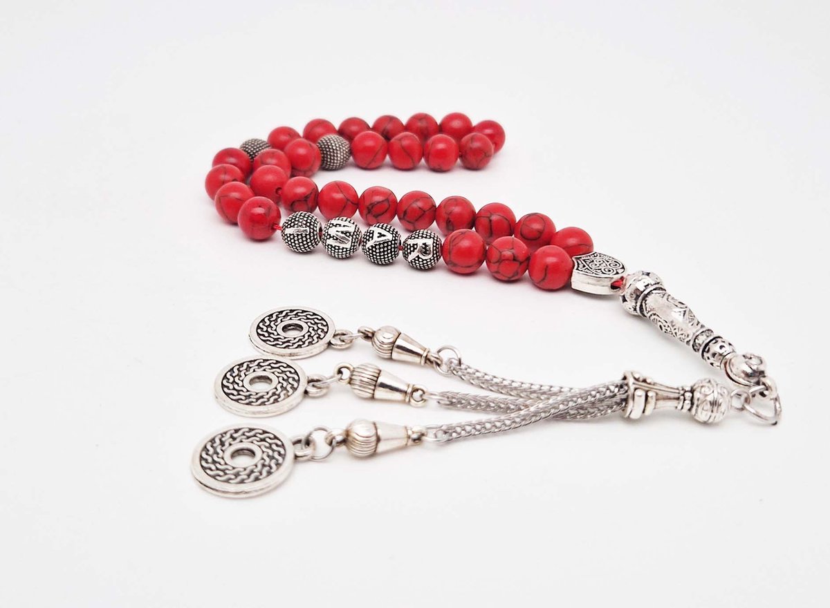 Handgemaakte naam tasbih 33 Kralen Natuursteen “ Rode howliet” - met metaal tassel “Omarmen