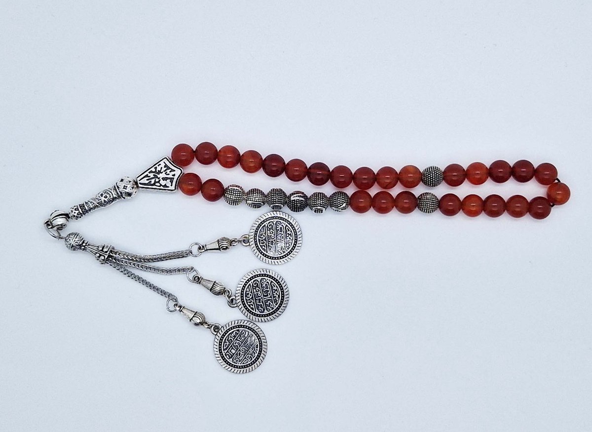 Handgemaakte naam tasbih 33 Kralen Natuursteen “ Rood Agaat” - met metaal tassel “Constantinopel