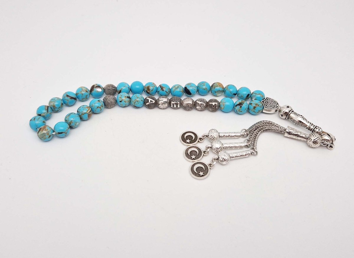 Handgemaakte naam tasbih 33 Kralen Natuursteen “ Turkoois bakeliet” - met metaal tassel “Vlag van Turkije