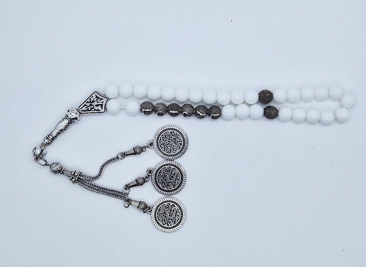 Handgemaakte naam tasbih 33 Kralen Natuursteen “ Witte agaat” - met metaal tassel “Constantinopel