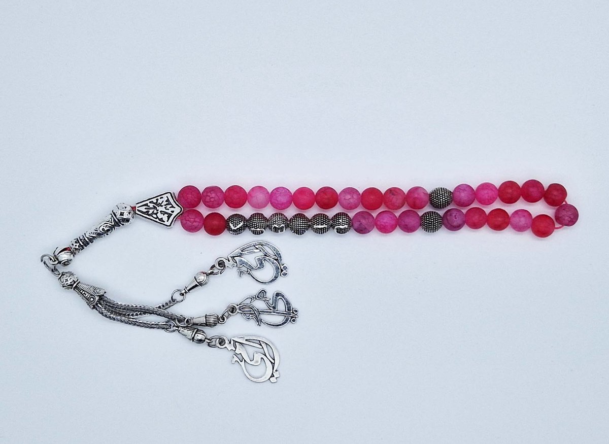Handgemaakte naam tasbih 33 Kralen Natuursteen “Banded Agaat Magenta roze” - met metaal tassel “Mijn moeder