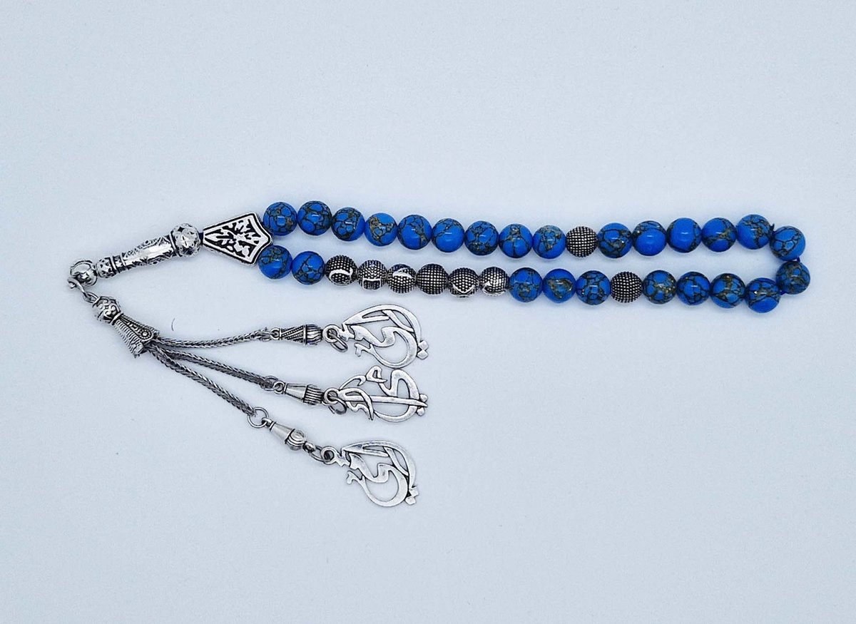 Handgemaakte naam tasbih 33 Kralen Natuursteen “Blauw howliet gesponnen goud” - met metaal tassel “Mijn moeder