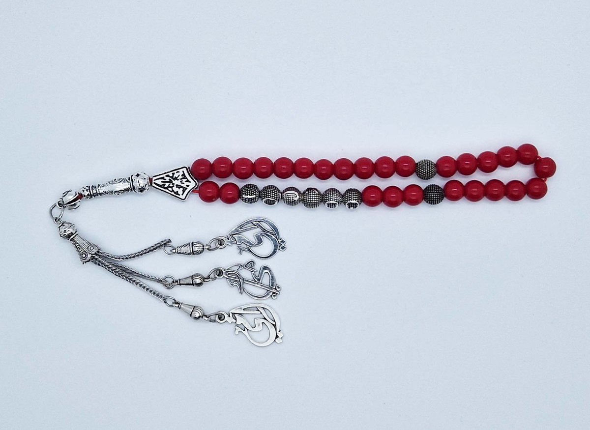 Handgemaakte naam tasbih 33 Kralen Natuursteen “Bloedkoraal” - met metaal tassel “Mijn moeder