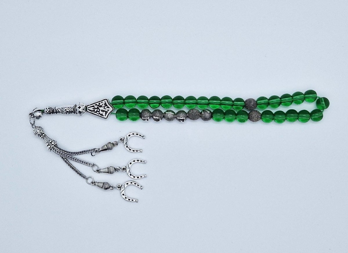 Handgemaakte naam tasbih 33 Kralen Natuursteen “Groene kwartz” - met metaal tassel “Hoefijzer